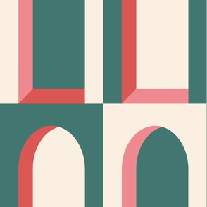 LARGE MODERN BOLD ART DECO MULTI COLOURED ARCHES-EMERALD GREEN-ORANGE RED-HOT PINK-EGGSHELL OFF WHITE