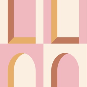 LARGE MODERN BOLD GRAPHIC ART DECO BOHO EARTH TONE ARCHES-CARNATION PINK-COPPER BROWN-GOLDEN YELLOW-EGGSHELL OFF WHITE