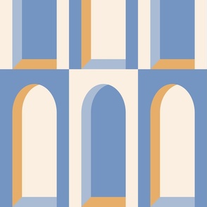 LARGE MODERN BOLD ART DECO MULTI COLOURED ARCHES-CORNFLOWER BLUE-SKY BLUE-GOLDEN YELLOW-EGGSHELL OFF WHITE