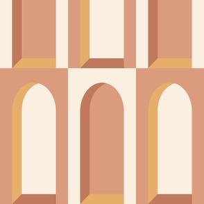 SMALL MODERN BOLD ART DECO EARTH TONE ARCHES-PUCE PINK-COPPER BROWN-GOLDEN YELLOW-SGAE GREEN-EGGSHELL OFF WHITE
