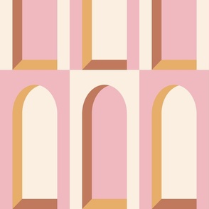 SMALL MODERN BOLD ART DECO BOHO EARTH TONE ARCHES-CARNATION PINK-COPPER BROWN-GOLDEN YELLOW-EGGSHELL OFF WHITE