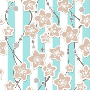 beige floral pattern on mint with white striped background