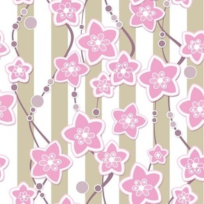 pink floral pattern on beige with white striped background 
