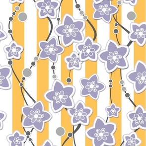 lilac floral pattern on yellow and white striped background 
