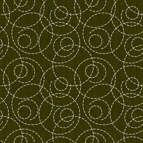 White dotted pattern with circles on a dark olive background.