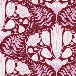 L| Vintage Glam White Ornate Floral Pattern with pink outline on Burgundy
