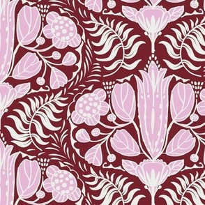 L| Vintage Glam Rose pink  Ornate Floral Pattern with white outline on Burgundy