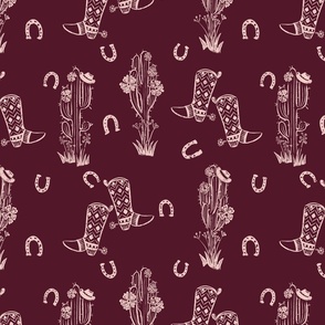 Cowboy Boots and Cacti Outline Art on Burgundy Background