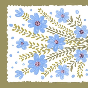 Boho Floral Teatowel in cornflower sky blue and olive green, with textured whimsical daisies in a pot.