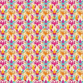 Lobster Damask in Popping Dopamine Colors on Cream - Microprint