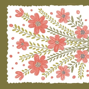 Boho Floral Teatowel in coral peach pink and olive green, with textured whimsical daisies in a pot.