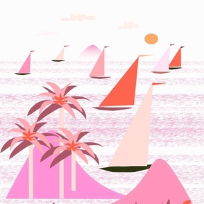 tropical harbor ocean mountains breeze shells sailboats pink purple orange white