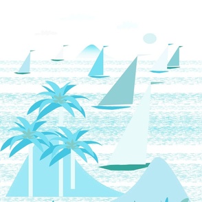 tropical harbor ocean mountains breeze shells sailboats turquoise white