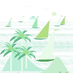 tropical harbor ocean mountains breeze shells sailboats green white