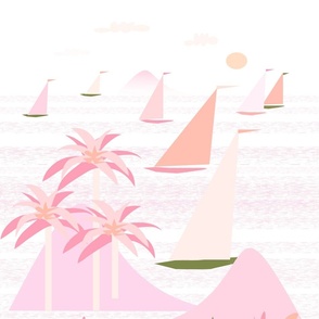 tropical harbor ocean mountains breeze shells sailboats pink white