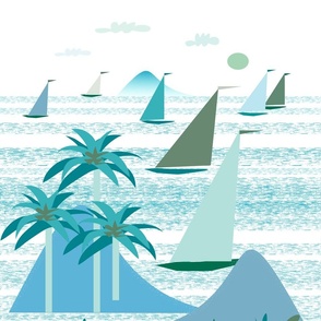 tropical harbor ocean mountains breeze shells sailboats blue turquoise white
