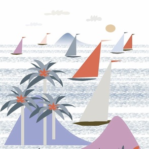 tropical harbor ocean mountains breeze shells sailboats gray purple orange white