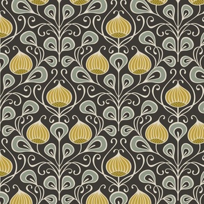 (M) bold abstract flowers damask - black, golden yellow, sage (medium scale)