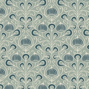 (M) bold abstract flowers damask - grey mint, teal (medium scale)