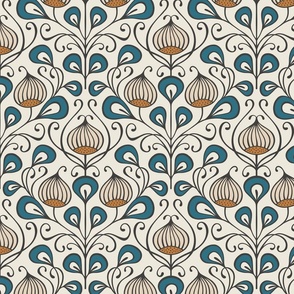 (M) bold abstract flowers damask - off white, teal, orange brown (medium scale)