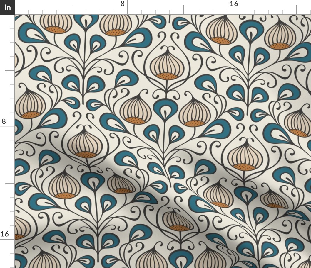 (M) bold abstract flowers damask - off white, teal, orange brown (medium scale)