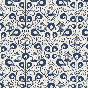 (M) bold abstract flowers damask - monochrome navy blue (medium scale)