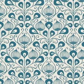 (M) bold abstract flowers damask - monochrome teal blue (medium scale)