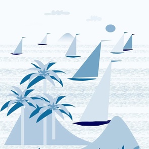 tropical harbor ocean mountains breeze shells sailboats light blue