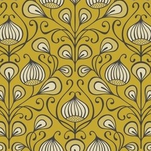 (S) bold abstract flowers damask - golden yellow, mustard (small scale)