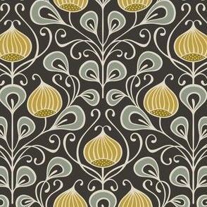 (S) bold abstract flowers damask - black, golden yellow, sage (small scale)