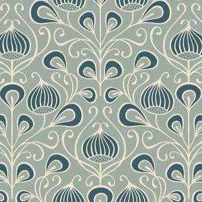 (S) bold abstract flowers damask - grey mint, teal (small scale)