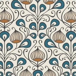 (S) bold abstract flowers damask - off white, teal, orange brown (small scale)