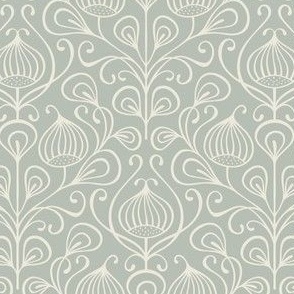 (S) bold abstract flowers damask - monochrome white on light grey (small scale)