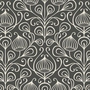 (S) bold abstract flowers damask - monochrome white on black (small scale)