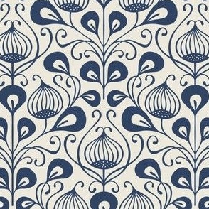 (S) bold abstract flowers damask - monochrome navy blue (small scale)