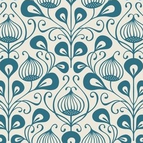 (S) bold abstract flowers damask - monochrome teal blue (small scale)
