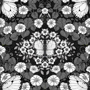 Butterflies and flowers symmetry black and white, silver wallpaper