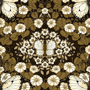 Butterflies and flowers symmetry, golden wallpaper