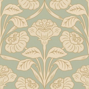 Big Vintage Roses - Beige scheme on a Silver Sage background