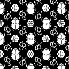 Egyptian Hollywood Glamour with Snakes, Scarabs, and Geometric Circle Lines Silhouettes  – Art Deco, Vintage, Luxe, Exotic, 1940s Inspired, Decorative Design - Black, White, Gold for Metallic Wallpaper 