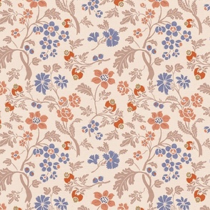 French Chinoiserie Coral And Blue On Cream - small scale
