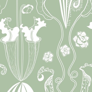carnivorous garden elegance - white on mint green - large scale