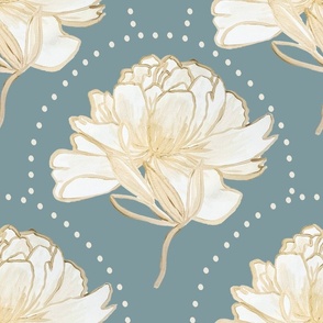 Painted Blue Peony Art Deco Glam / Gold Flowers / Cream Floral