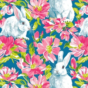White Bunnies & Pink Flowers - large