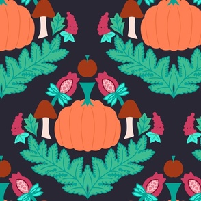 Pumpkins,  leaves and food - Orange, green, bordeaux, off white and dark background