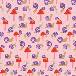 Snails - Red,  brown, purple, gray,  fuchsia, teal and pink background