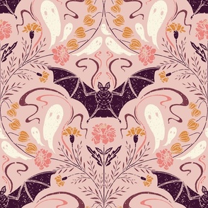 Pastel Halloween Damask with Marigolds, Bats, and Ghosts