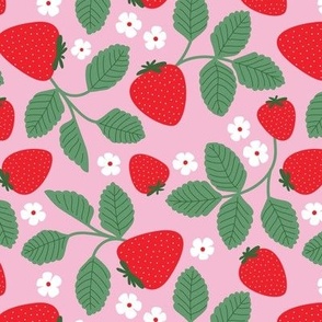 Strawberry fields summer fruit garden lush vines and blossom ruby red green on rose pink