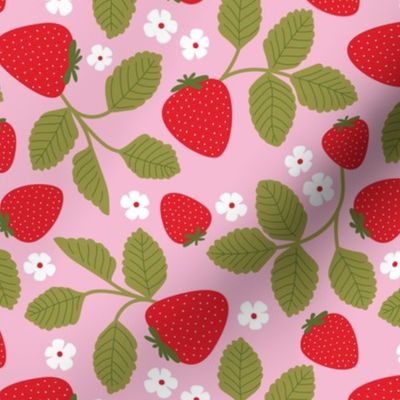 Strawberry fields summer fruit garden lush vines and blossom red green on pink