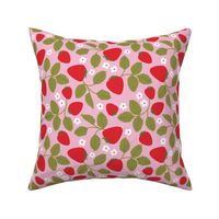 Strawberry fields summer fruit garden lush vines and blossom red green on pink